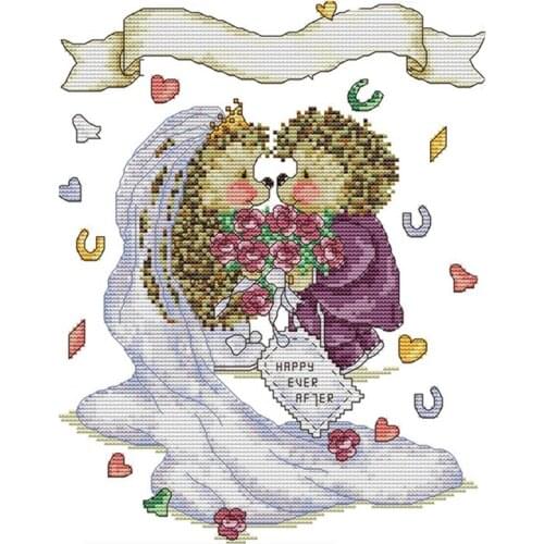 Cross Stitch Kits Stamped of Embroidery Starter Kits for Beginners DIY 11CT 3 Strands - the Hedgehogs Wedding