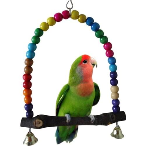 2 Sizes Natural Wooden Parrots Swing Toy Birds Colorful Beads Bird Supplies Bells Toys Perch Hanging Swings Cage For Pets