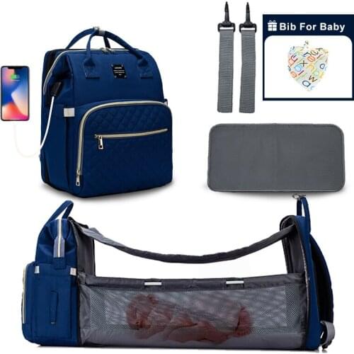 Lequeen USB Maternity Backpack Bed Bag For Stroller Waterproof Diaper Bags For Travel Large Capacity Mommy Bag With Baby Bib