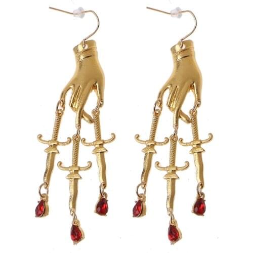 Golden Hand Dagger Drop Earrings Gothic Witchy Hand Red Crystal Dangle Earrings