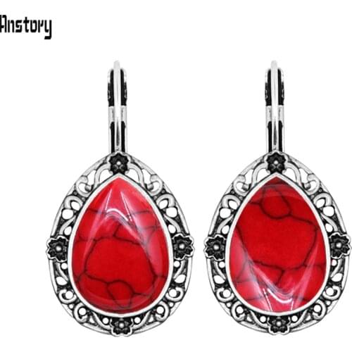 Water Drop 5 Colors Synthetic Turquoises Earrings Plant Flower Hook Earrings For Women Antique Silver Plated Fashion Jewelry