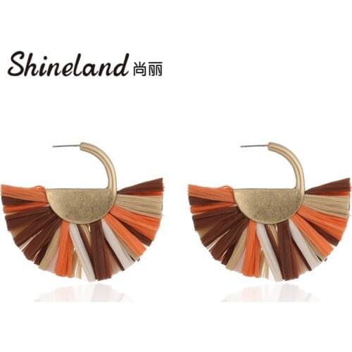 Shineland Colorful Bohemia Raffia Tassel Earrings For Women Semicircle Ethnic Statement Dangle Earrings Female Jewelry 2020 New