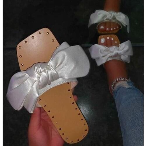 Women Flip Flops Summer New Party Ladies Slippers Outside Wear Silk Bow Solid Flat Bottom Open Toe Woman Summer Shoes Slides