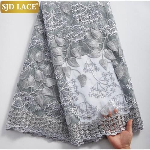 SJD LACE Silvery French Net Lace Fabric Embroidery Mesh Desgin African Lace Fabric Brids Materials For Wedding Party Dress A2369