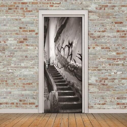 Vintage Old Building Stairs 3D Door Wallpaper Living Room Bedroom Door Decoration Mural Stickers PVC Waterproof Home Decor Mural