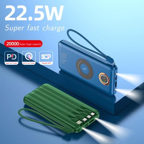 22.5W fast charging with built-in wire flash charging large capacity 20000mAh wireless power bank PD mobile power supply