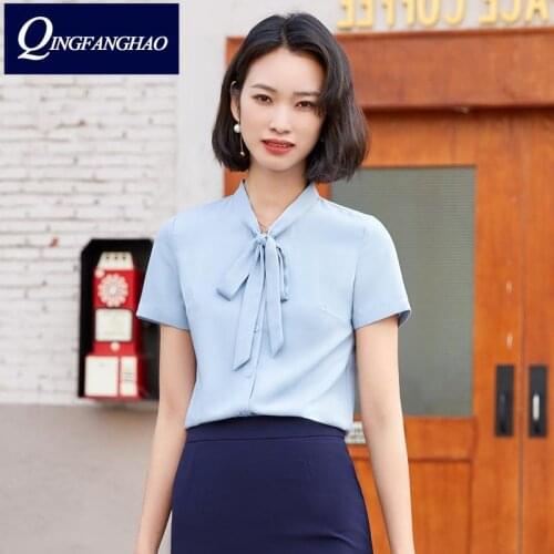 Factory professional wear overalls wholesale blue shirt womens short sleeves 2021 summer new temperament bow system 8101