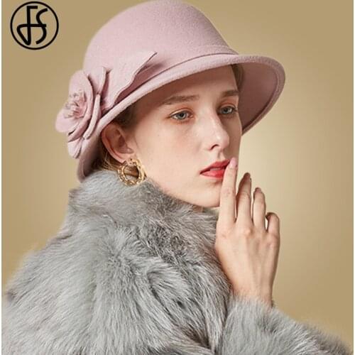 FS 100% Wool Felt Pink Hats For Women Solid Bowler Caps Ladies Winter Red Flower Wide Brim Fedora Hat Chapeau Femme Church Caps
