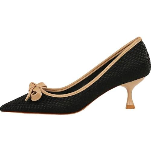 Korean fashion wine cup with high heel knitting shallow mouth pointed color matching bowknot versatile womens single shoes