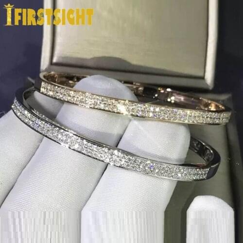 2021 New Iced Out Bling 2 Raw 5A Cubic Zirconia Wedding Jewelry Luxury High Quality Silver Color Clear CZ Paved Women Bangles