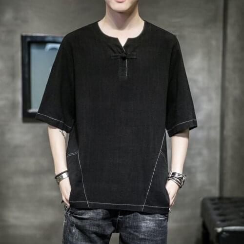 2021 New Chinese Style Mens Tops Tang Suit Linen Half Sleeve Traditional Kung Fu China Style Hanfu Shirt Plus Size