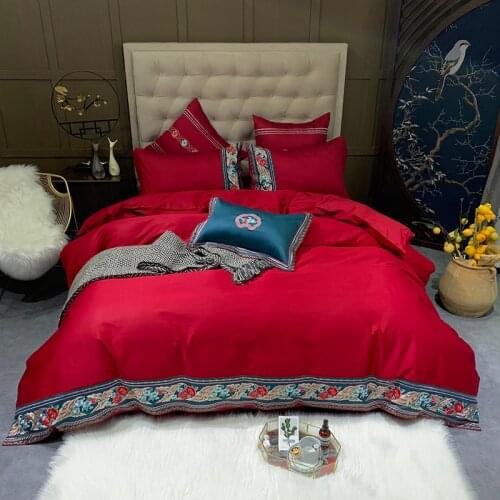 4/7 Pieces Luxury Classic 600TC Egyptian Cotton Embroidery Duvet Cover Set Queen King size Bedding Set for ALL season Red Yell