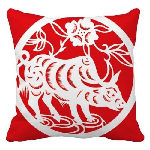 Paper-cut Ox Animal China Zodiac Art Throw Pillow Square Cover