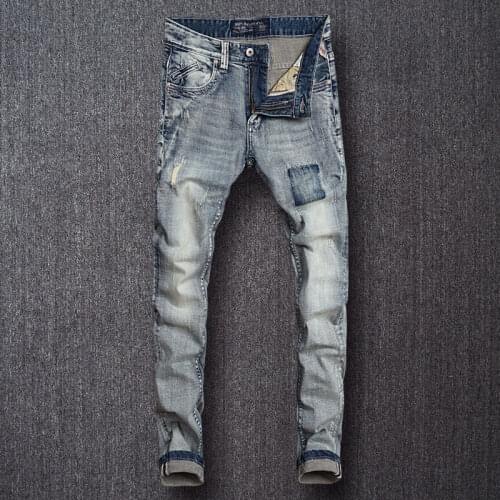 European Street Fashion Men Jeans Retro Distressed Wash Slim Fit Ripped Jeans Men Vintage Designer Casual Cotton Denim Pants