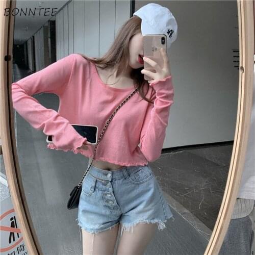 T-Shirts Women 6 Colors Solid O-Neck Long Sleeve Daily Summer Ladies Tops Loose Crop Tee Korean Style Popular Teens Basic Newest