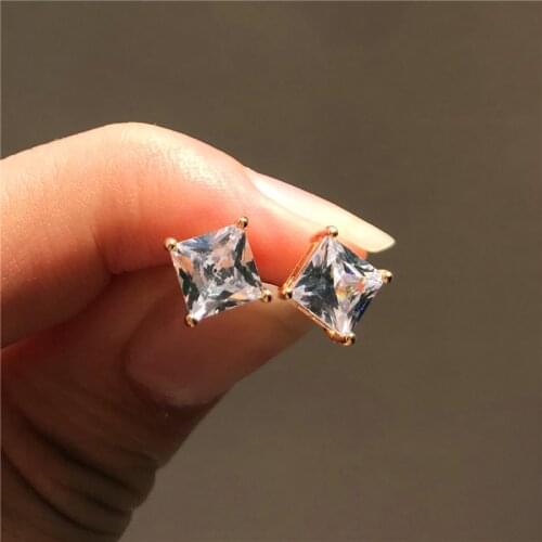 Geometric White Zircon Wedding Earrings Rose Gold Silver Color Stud Earrings Cute Female Square Crystal Stone Earrings For Women