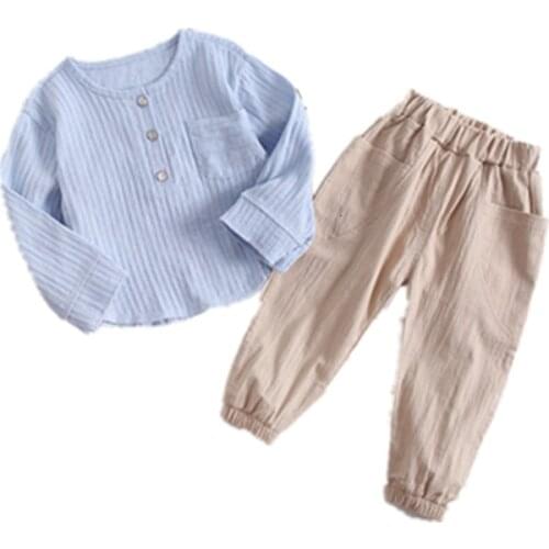 Baby Boy Girl Spring Autumn Cotton Linen Clothes Children Buttons T Shirt Pants 2Pcs/sets Infant Kids Fashion Toddler Tracksuits