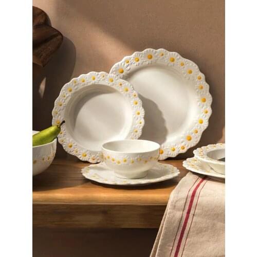 Ceramic Embossed Daisy Dinner Set Plate And Dishes Household Soup Bake Bowl Creative Crockery Tableware
