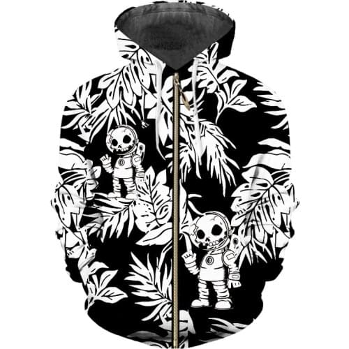 UJWI Man New Slim Zip Jacket 3D Printed Skull Leaves Black White Windbreaker Casual Scare Big Size Garment Unisex Autumn Coats