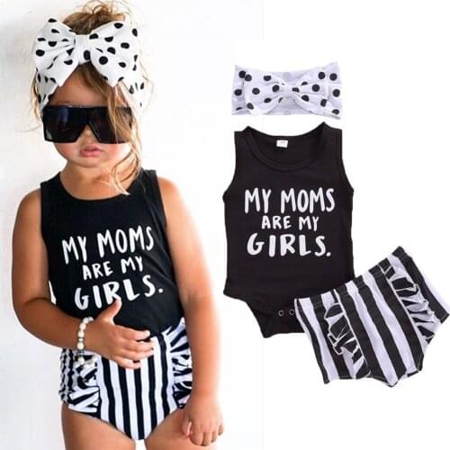 Toddler Baby Girls Summer 3pcs Clothes Baby Sleeveless Letter Printed Romper High Waist Striped Ruffles Shorts Bow Headband