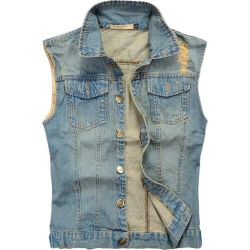 Men Denim Vests Mens Frayed Denim Vest Sleeveless Ripped Jeans Jackets Male Cowboy Waistcoat Plus Size S-5XL