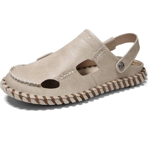 Summer Men Handmade Sandals Breathable Hollow Out Leather Casual Shoes Flats Outdoor High Quality Slippers Mens Design Slides