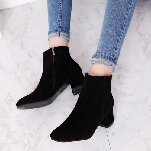 New Autumn Winter Fashion Pointed Frosted Suede Side Zipper Thick Heel Short Boots Mid-heel Ankle Boot Plus Size Womens Pumps