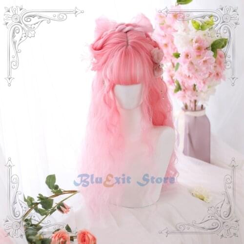 Gradual Pink Lolita Wig Harajuku Fairy Peach Cosplay Bangs Curly Wave Small Curls Long Candy Sweet Fringe Adult Girls Hair