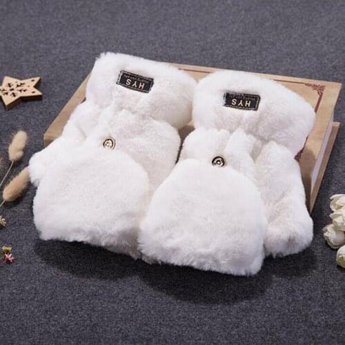 2021 Female Thick Fingerless Plush Touch Screen Cute Gloves Women Winter Warmer Velvet Flip Half Finger Computer Typing Glove