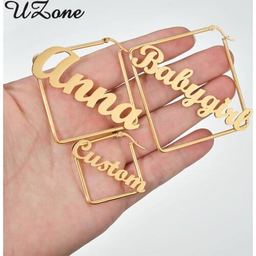 Personalized Name Square Geometric Exaggeration Earrings for Women Customized Letter Hoop Engraved Earrings Gifts Bijoux