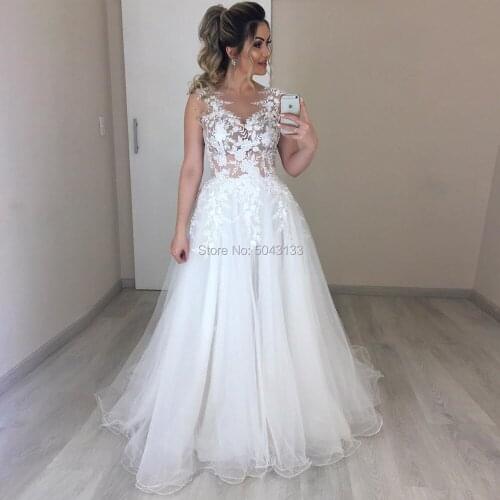 Sexy Sheer Neck A Line Tulle Wedding Dresses Sexy Backless Lace Appliques Floor Length Bridal Gowns Vestido De Noiva Simple
