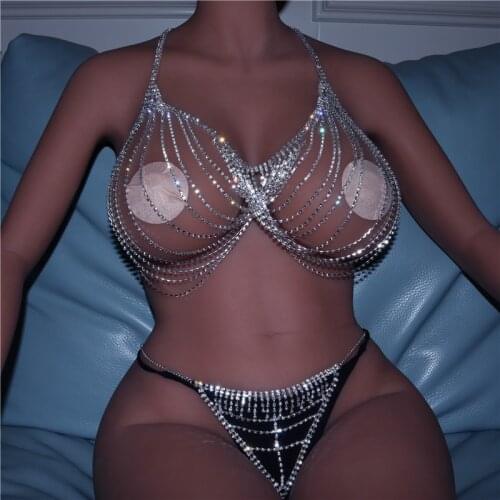 Festival Gift Bling Harness Jewelry Body Chain Undrerwear Rhinestone Bikini Shiny Luxury Sexy Lingerie Set for Women Fashion