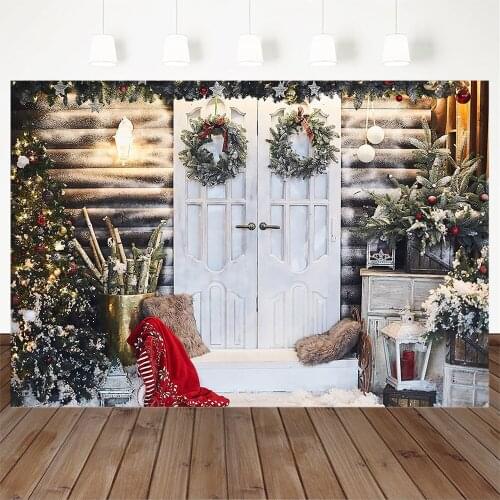 Christmas Wood Door Background For Photography Family Party Trees White Scene Backdrop For Photo Booth Wreath Backgrounds