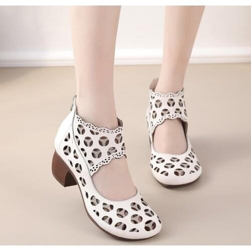 Summer Womens Leather Sandals Thick Heel Soft Sole Sandals Retro Fashion Mid-heel Hollow