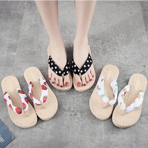 Women Summer Travel Rubber-plastic-soled Slippers Imitation Hemp Rope Flip-flops Flat-bottom Beach Shoes Flat-heeled Flip Flops