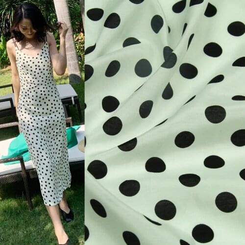 Black polka dot print on white bottom silk and cotton blended fabric,SCT574