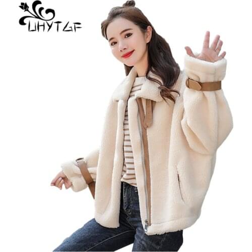UHYTGF Quality Lambswool Winter Fur Coat Womens Fashion Student Casual Short Jacket Sheep Shearing Warm Plus Size Outerwear 1364