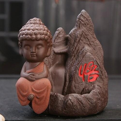 Home Decoration Creative Boutique Purple Incense Burner Buddha Monk Blackflow Incense Cones Burner Smoke Ceramic Censer Burner