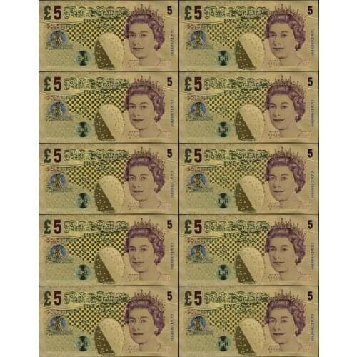 10pcs/lot Gorgeous United Kingdom Banknote 5 Pound Bill Gold Banknote 24K Collection of Decorative Gifts