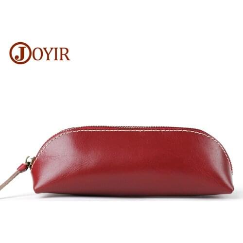 JOYIR Genuine Leather Handmade Pen Case Vintage Cowhide Zipper Pencil Case Pen Bag Glasses Case Office Stationery Coin Purse
