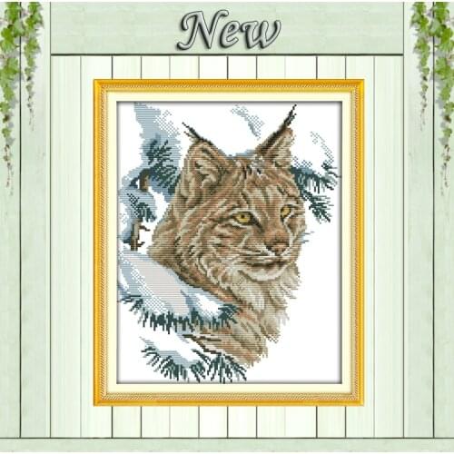 Wildcat winter Christmas cat snow animal Counted printed on fabric DMC 14CT 11CT Cross Stitch Needlework kits Embroidery Sets