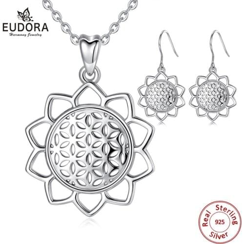 EUDORA 925 Sterling Silver Flower of Life Jewelry Set Flower of Life Necklace Pendant Geometric Flower drop earring Jewelry D420