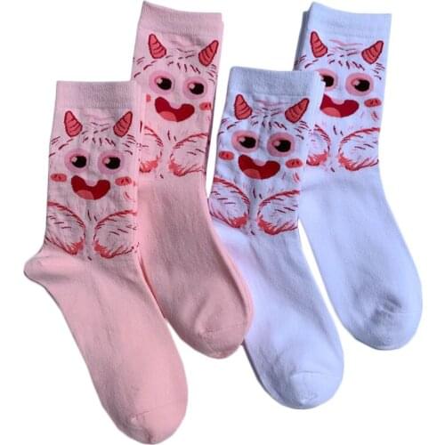 Pink White Womens Tube Socks Cartoon Cute Pattern College Style European and American Street Hip-hop Street Couple Personality