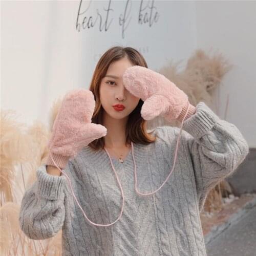 Pink Beige New Fashion Women Plush Faux Fur Gloves Windproof Thicken Warm Mittens Winter Soft Stretch Gloves Hand Warmer