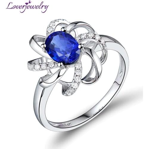 LOVERJEWELRY Sapphire Rings Oval 5X7mm Pure 18k White Gold Natural Blue Sapphire Diamonds Engagement Ring For Women Fine Jewelry