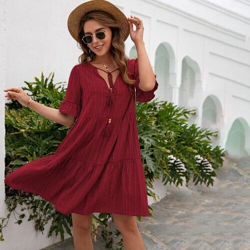 Summer Womens Short Sleeve Dress Fashion Casual V-neck Solid Tassel Butterfly Loose Mini Dresses 2021 New Arrival Women Vestido