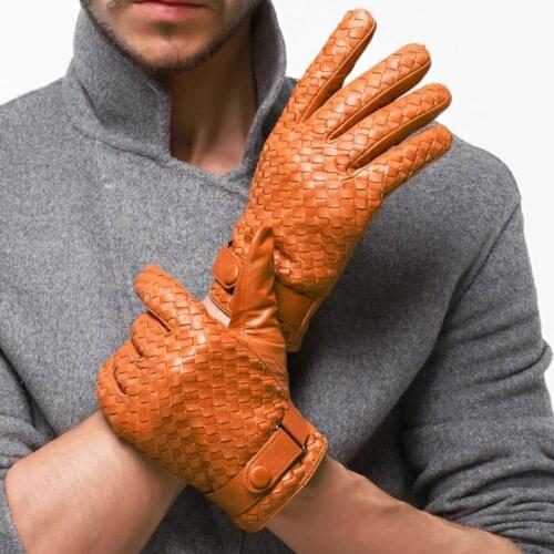 Winter Men Leather Gloves Genuine Leather Gloves Fashion Sheepskin Glove Man Weave Plus Velvet Warm Driving Gloves Free Shipping