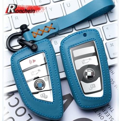RONCHEIN Top Layer Leather Key Case for BMW Handmade Smart Remote Key Fob for BMW 3er 3 5 7 Series F30 F10 X3 X5 F15 Protect Set