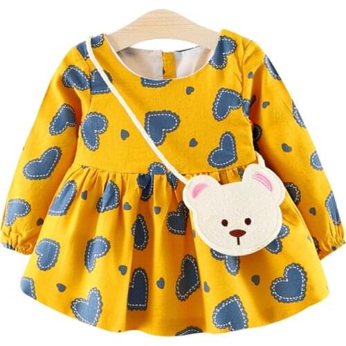 Baby Dress for Girls 6 to 36 Months Clothes Infant Toddler Kids Clothing with Bear Bag Long Sleeve Pink Yellow Style