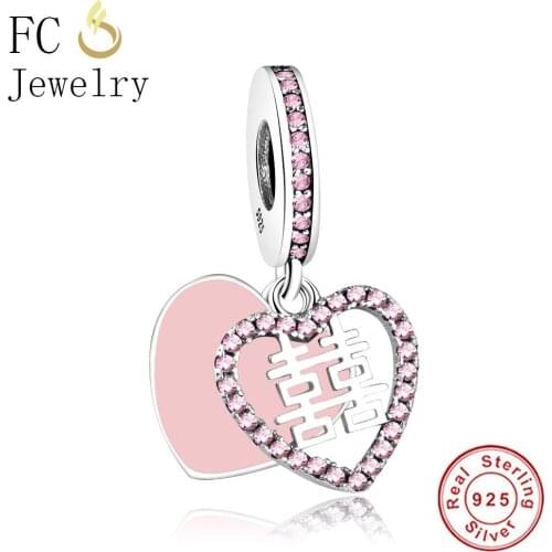 FC Jewelry Fits Brand Charms Bracelet Bangle Berloque Double Heart Shape Beads Necklace Pendant for Jewelry Making Women Men